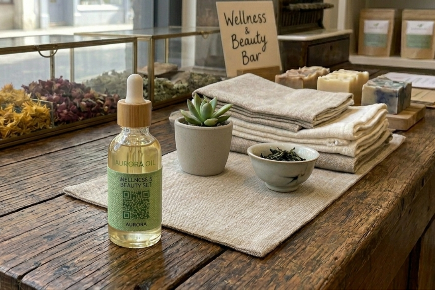 Aurora wellness and beauty oil with a scannable QR code label